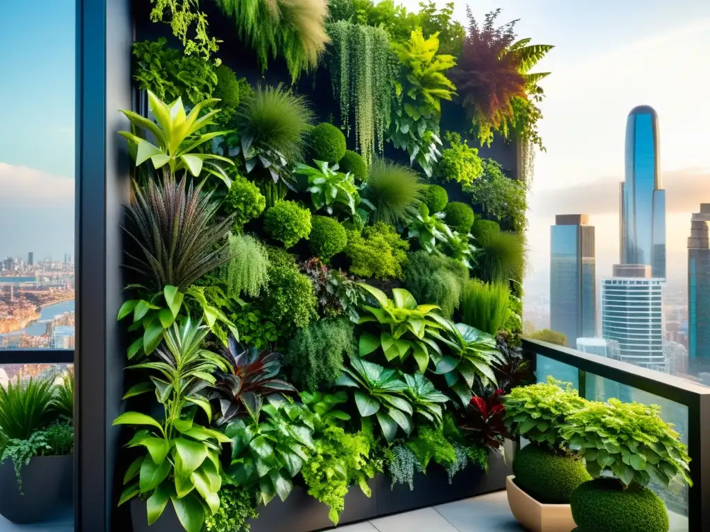 Un jardín vertical urbano moderno y vibrante, con un diseño innovador