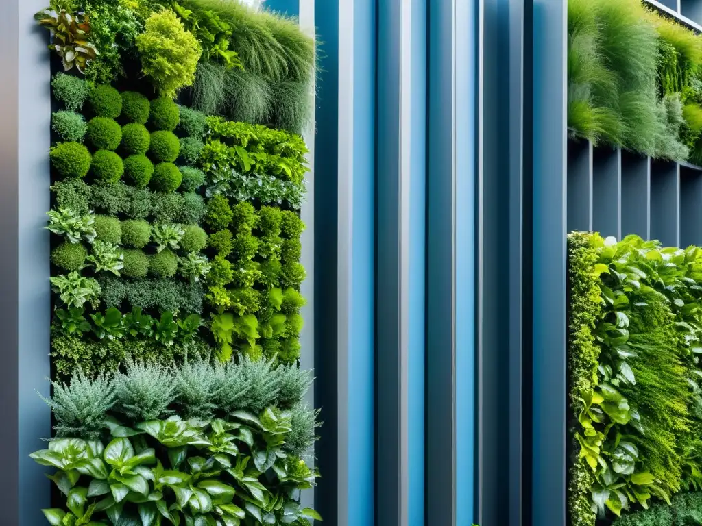 Un jardín vertical urbano moderno y vibrante, con plantas saludables en un entorno urbano limpio y minimalista