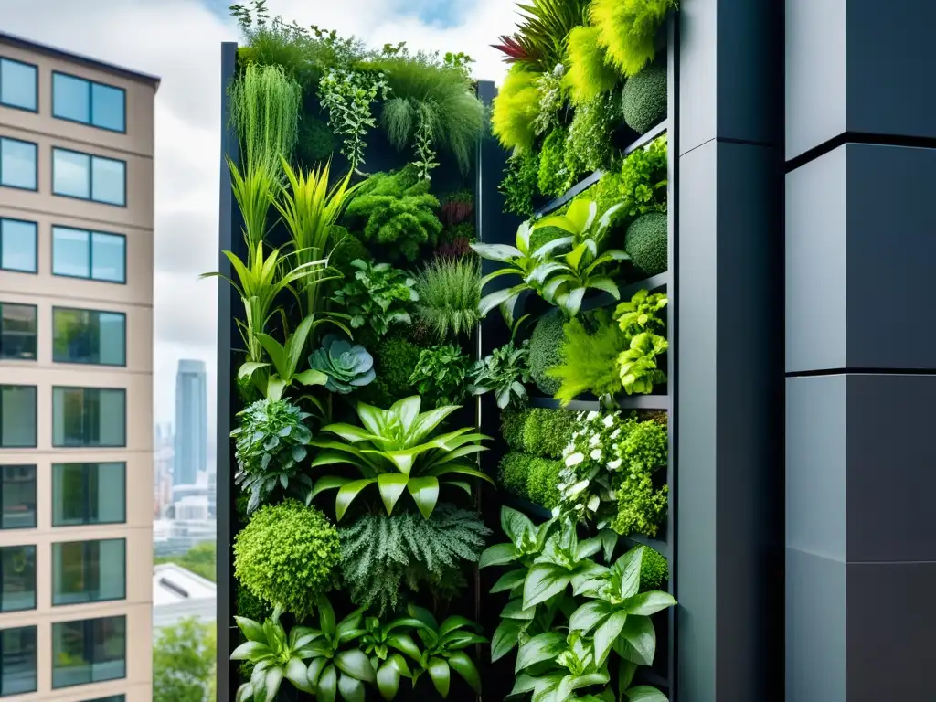 Un jardín vertical urbano moderno y vibrante en contenedores, fusionando naturaleza y arquitectura