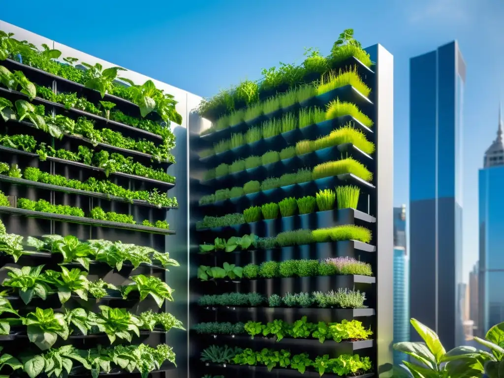 Un jardín vertical urbano con nanotecnología, fusionando tecnología y naturaleza en entornos urbanos