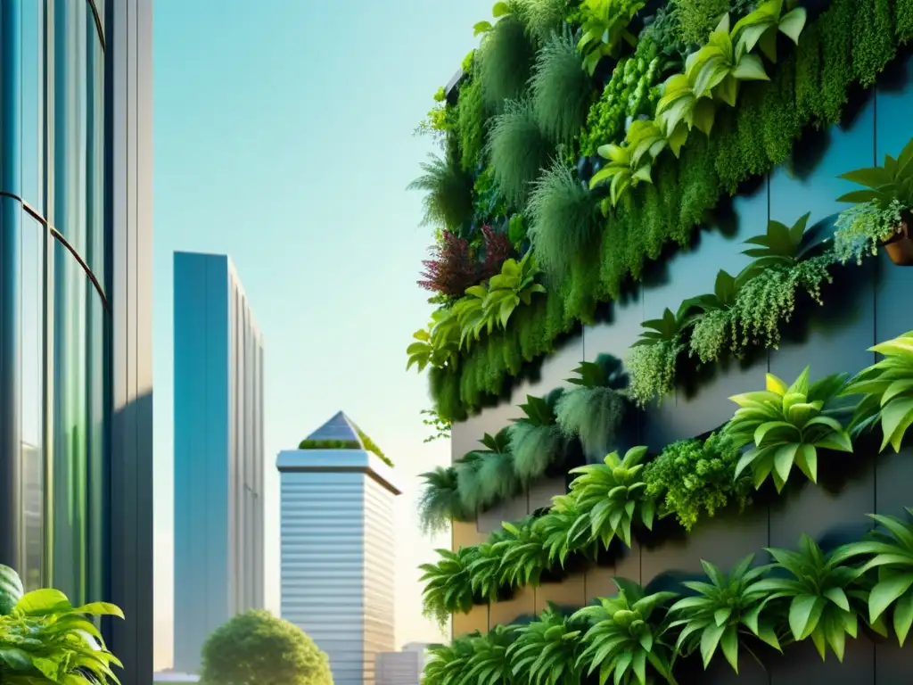 Un jardín vertical urbano con paneles de control integrados, mostrando monitoreo y gestión sostenible en la agricultura urbana