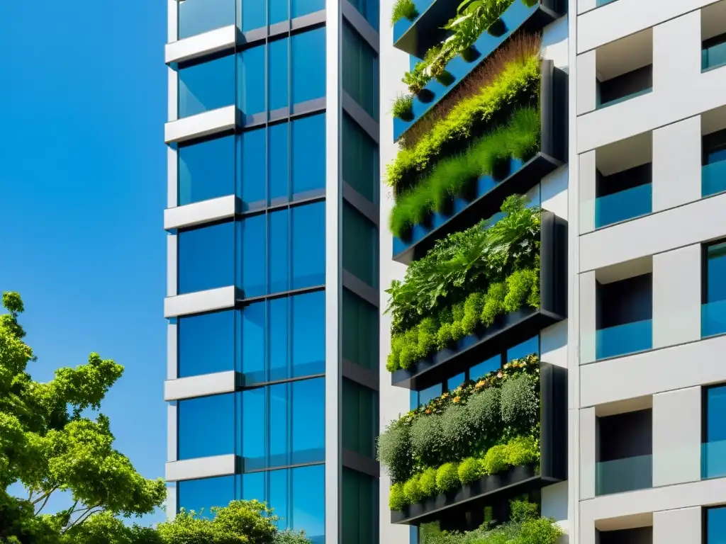 Un jardín vertical urbano con plantas exuberantes contrasta con la arquitectura moderna