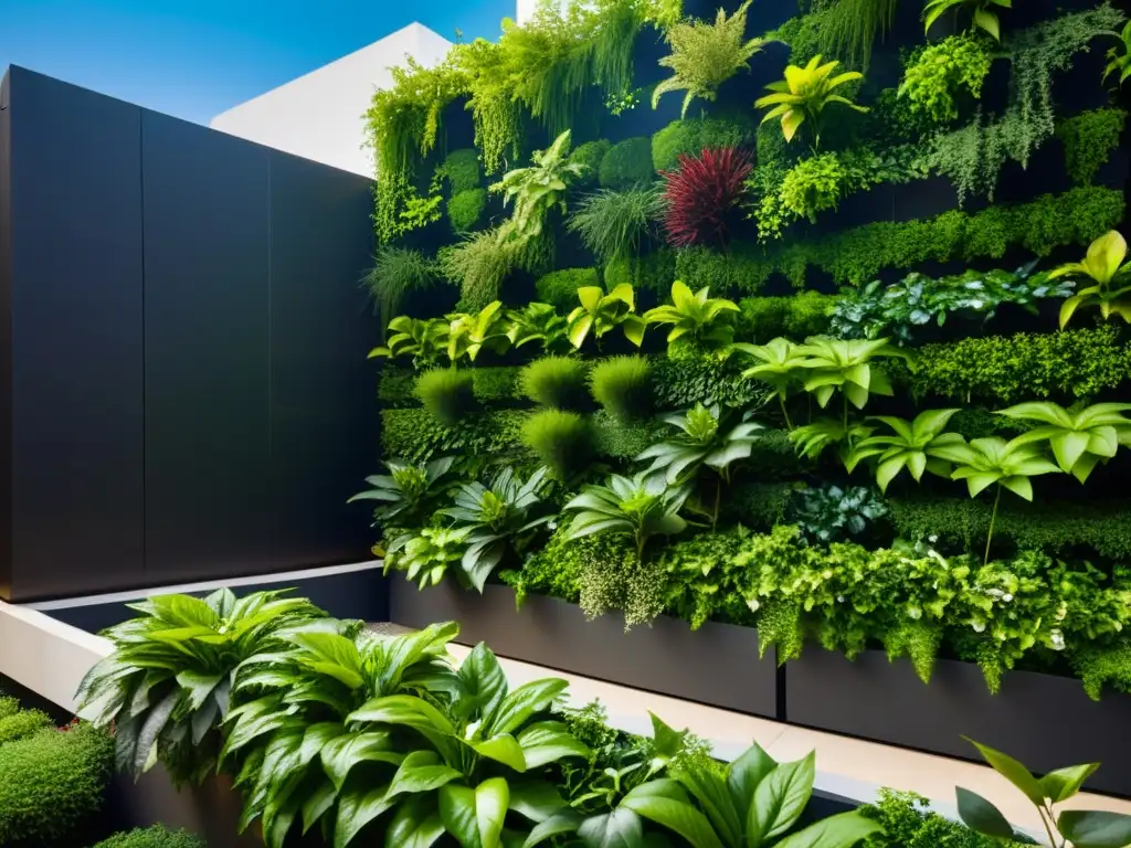 Un jardín vertical urbano con plantas exuberantes y vibrantes, integrando naturaleza en el entorno urbano