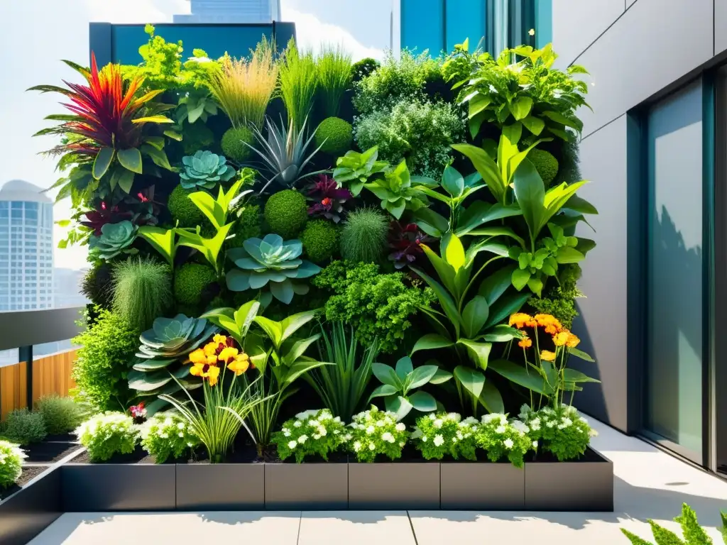 Un jardín vertical urbano con plantas exuberantes y flores coloridas, destacando la integración de la naturaleza en espacios urbanos