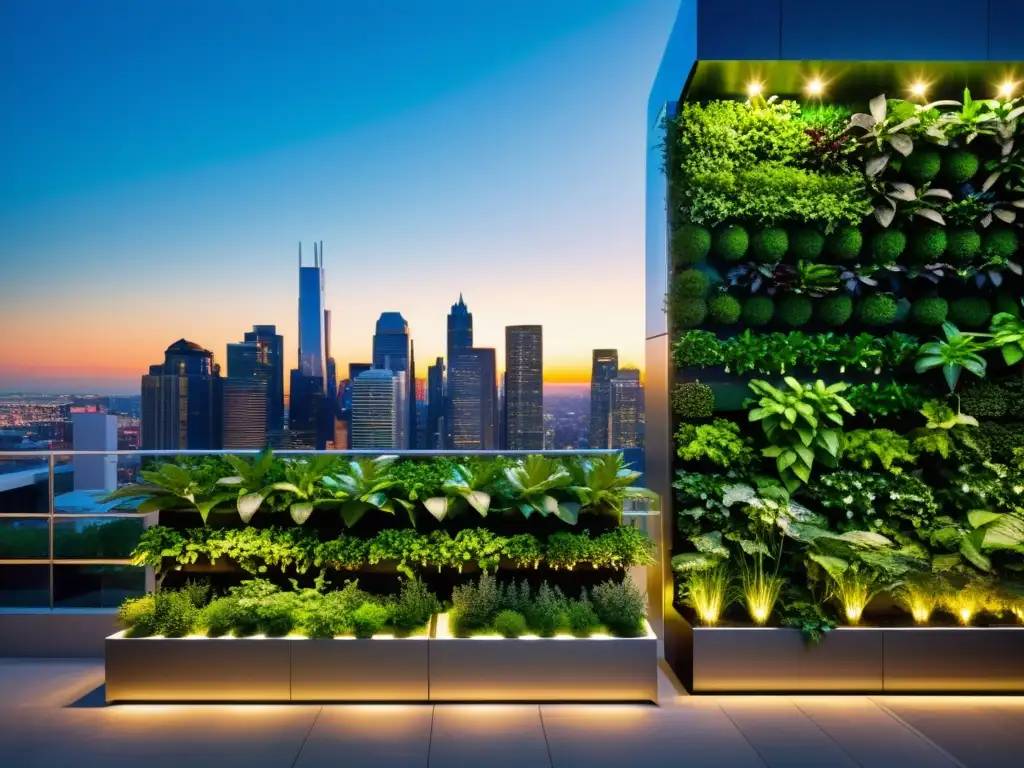 Un jardín vertical urbano con plantas exuberantes y sistemas de riego inteligentes, mostrando anuncios inteligentes para huertos verticales