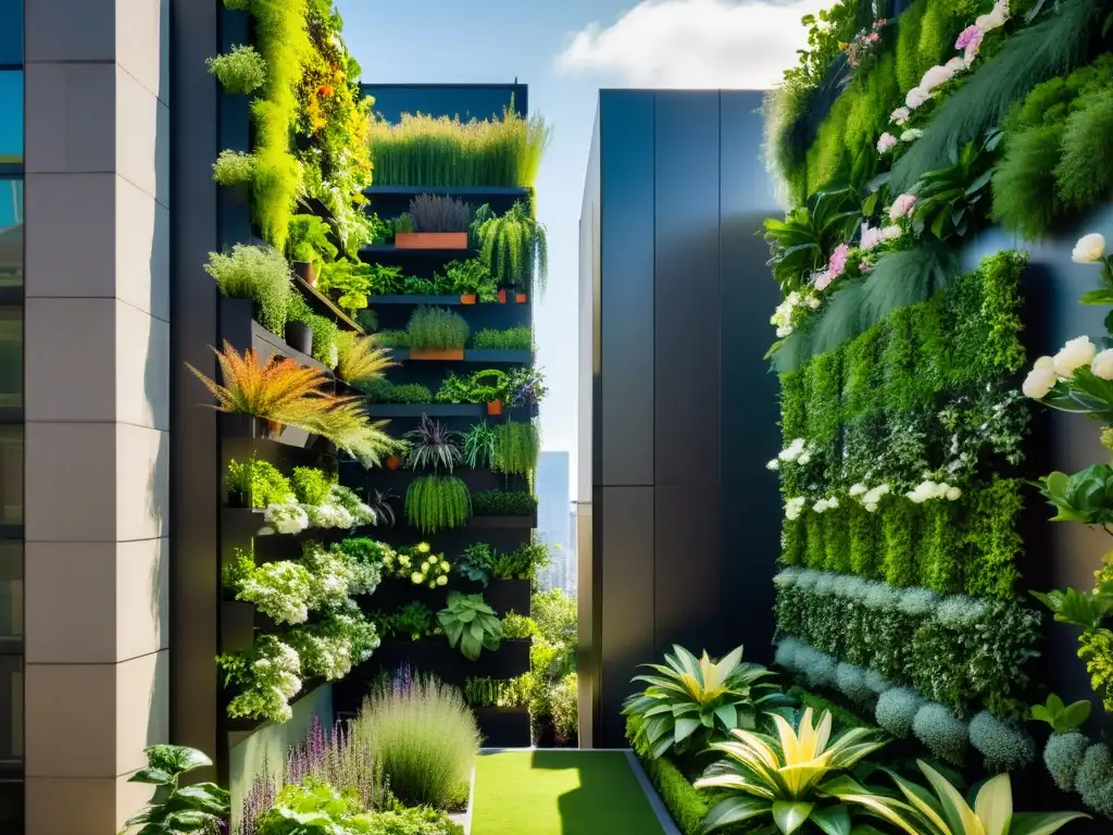 Un jardín vertical urbano con plantas exuberantes y edificios contemporáneos, que crea una atmósfera cautivadora