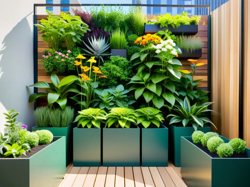 Un jardín vertical urbano con plantas exuberantes, flores vibrantes y compostaje urbano integrado