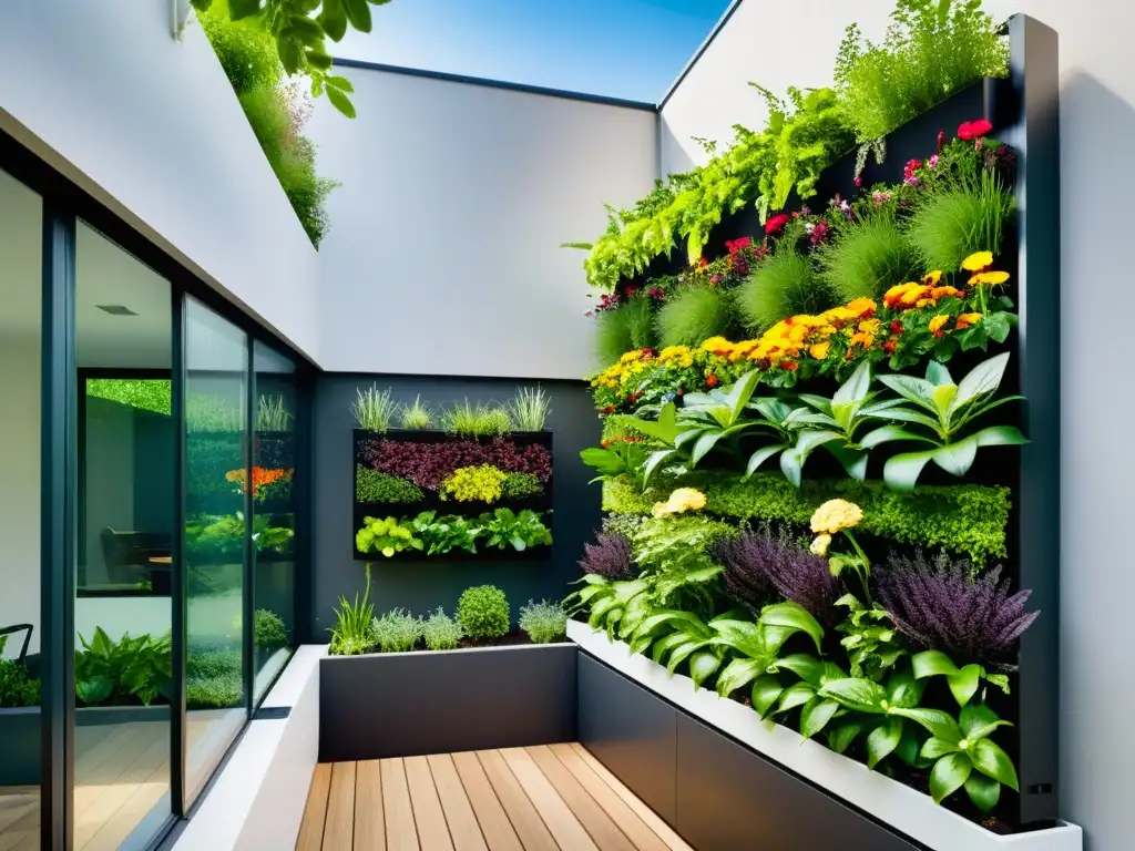 Un jardín vertical urbano con plantas florecientes y un sistema de compostaje integrado, exudando vitalidad y sostenibilidad