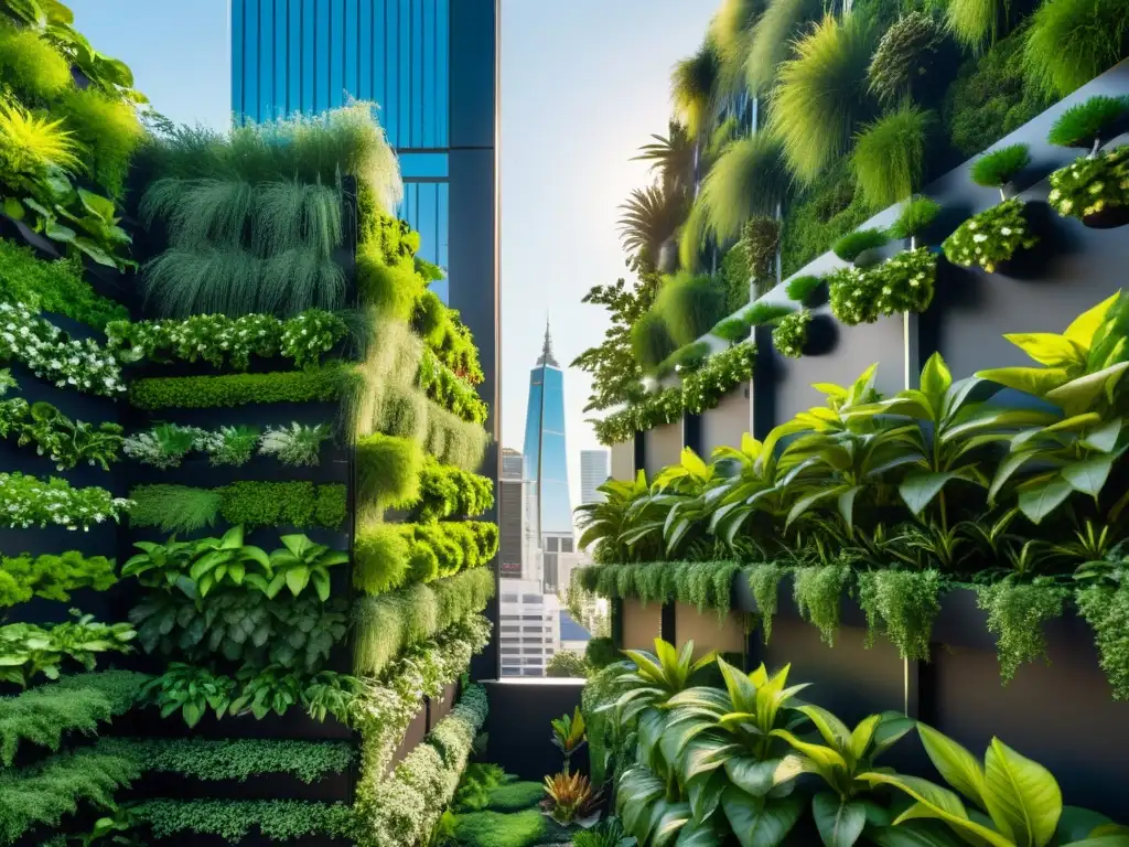 Un jardín vertical urbano con plantas verdes vibrantes en armonía con la vida urbana