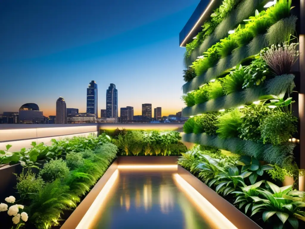 Jardín vertical urbano con plantas vibrantes y moderna ciudad de fondo