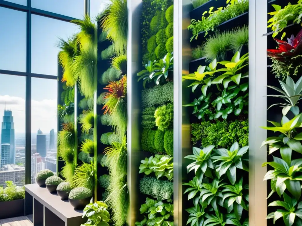 Un jardín vertical urbano con plantas vibrantes ordenadas en una estructura metálica, contrastando con la ciudad