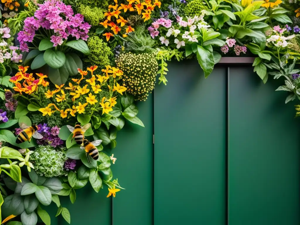 Un jardín vertical urbano con polinizadores y flores coloridas en un oasis de serenidad