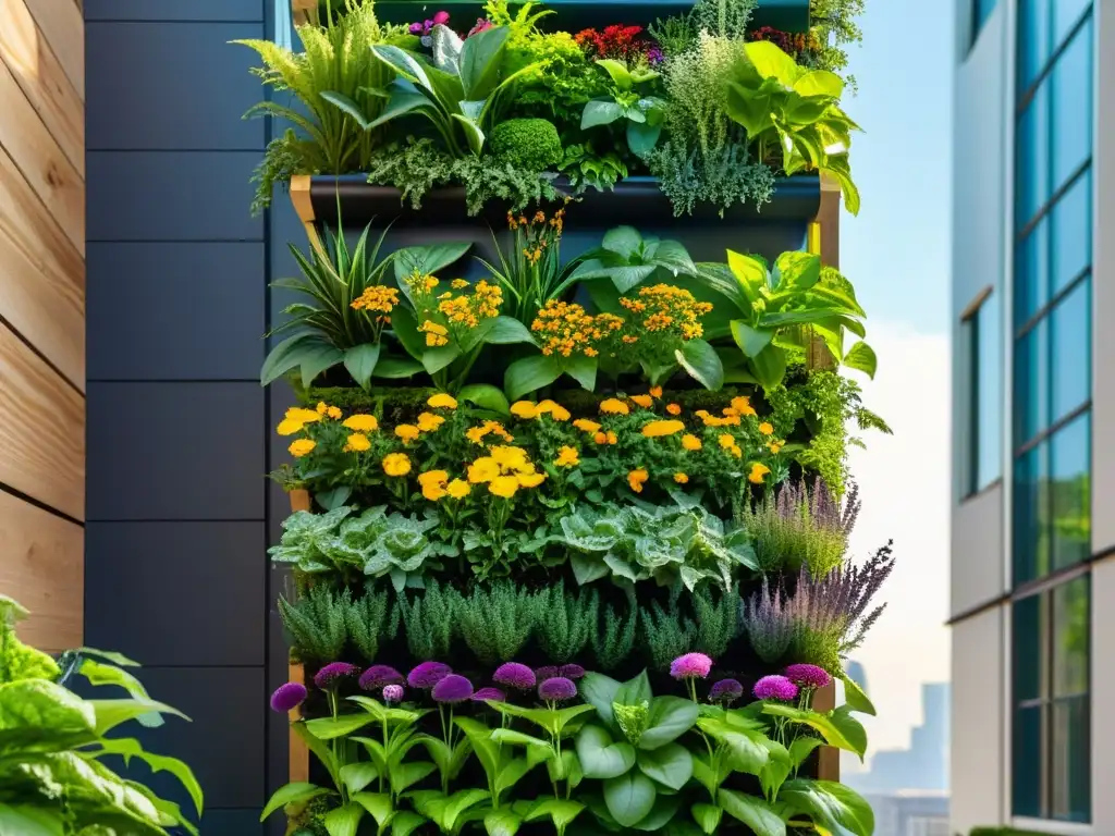 Un jardín vertical urbano rebosante de plantas verdes y flores vibrantes, destacando el vermicompostaje en huertos verticales urbanos