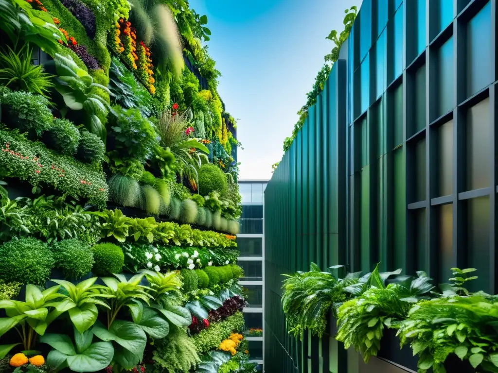 Un jardín vertical urbano rebosante de variedades nutritivas, un contraste vibrante con la arquitectura moderna