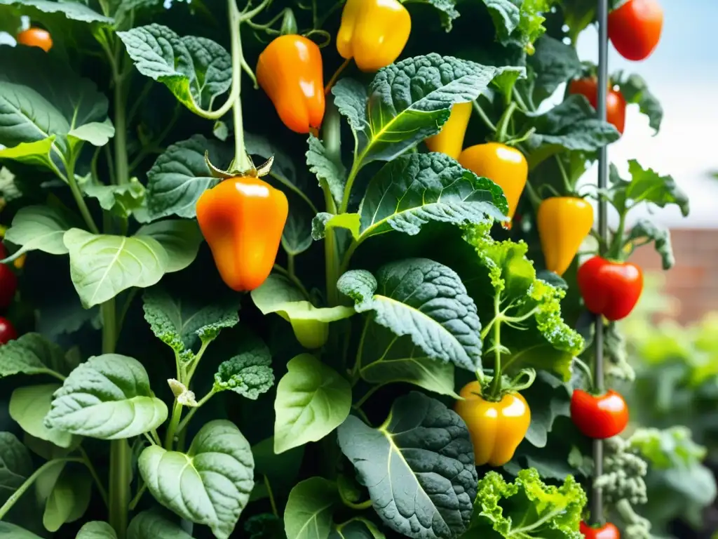 Un jardín vertical urbano rebosante de vegetales frescos bajo el sol, ideal para recetas saludables de aperitivos urbanos