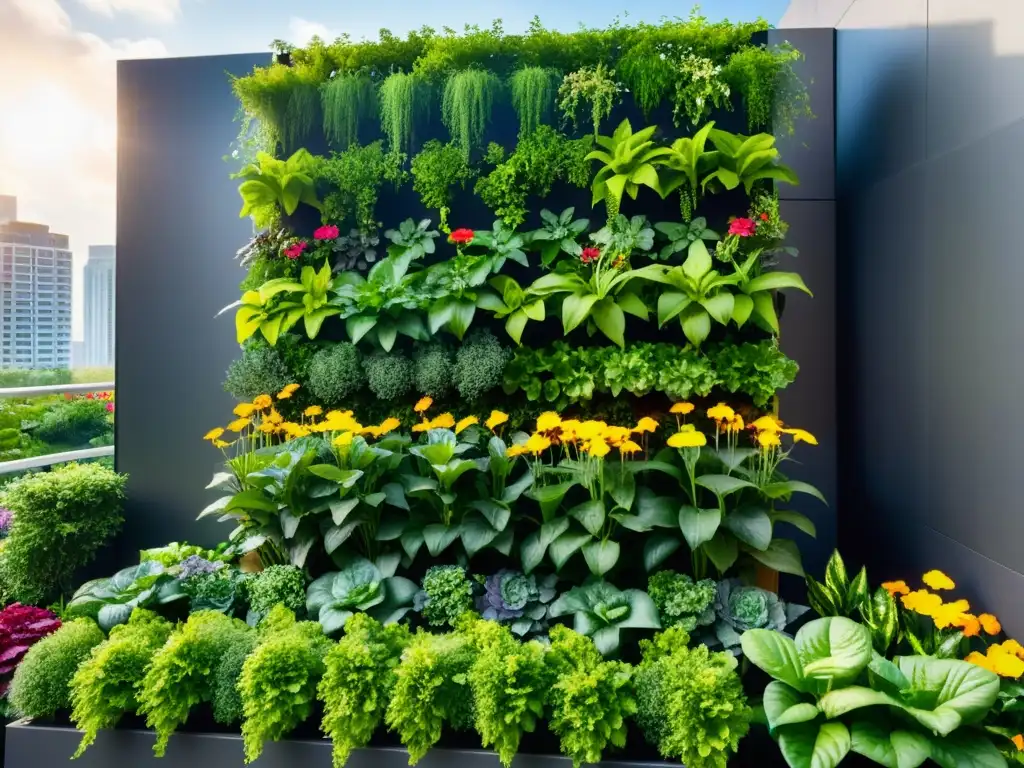 Un jardín vertical urbano rebosante de vegetales y flores coloridas, bañado por la luz solar