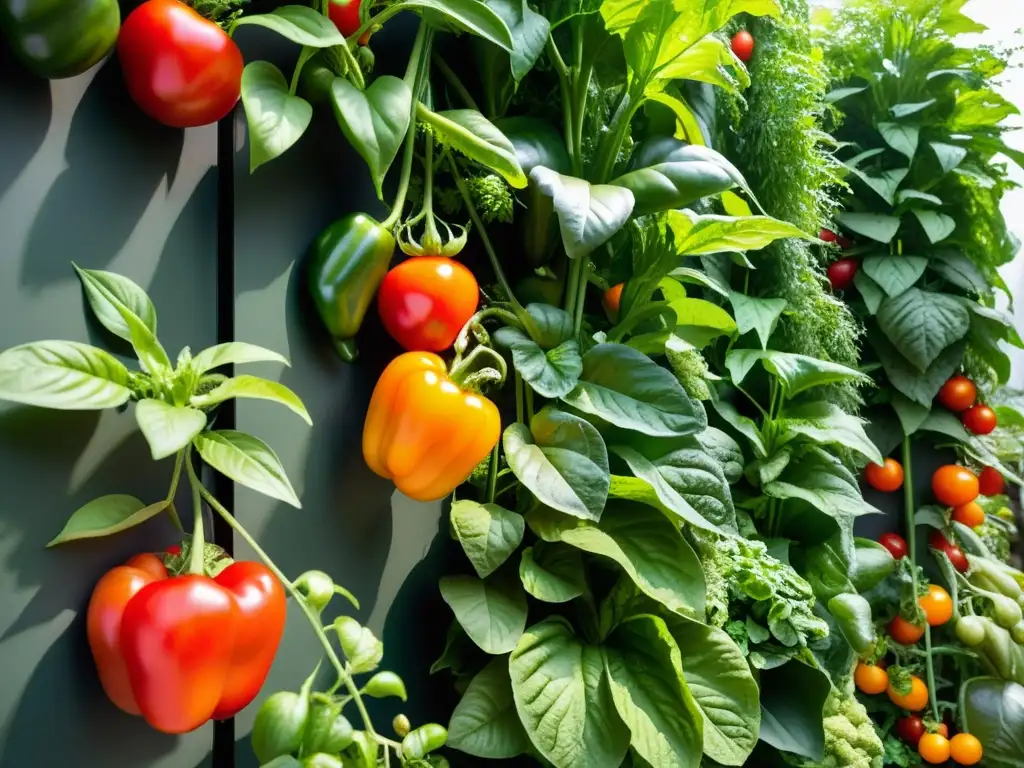 Un jardín vertical urbano rebosante de verduras y frutas vibrantes y saludables