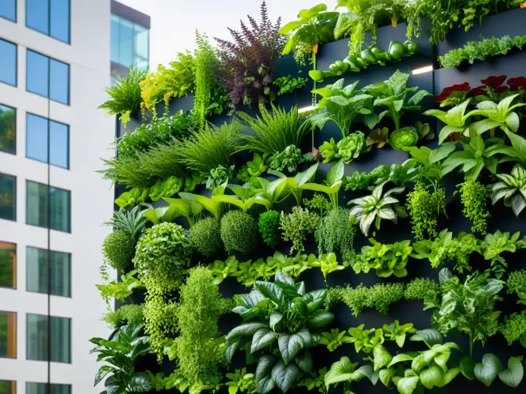 Un jardín vertical urbano rebosante de verduras y hierbas, bañado por la luz del sol