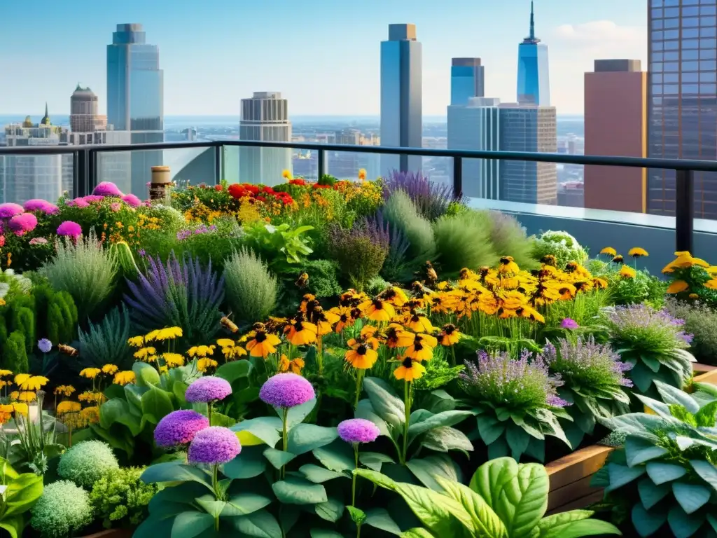 Un jardín vertical urbano rebosante de vida y color, con polinizadores en plena labor