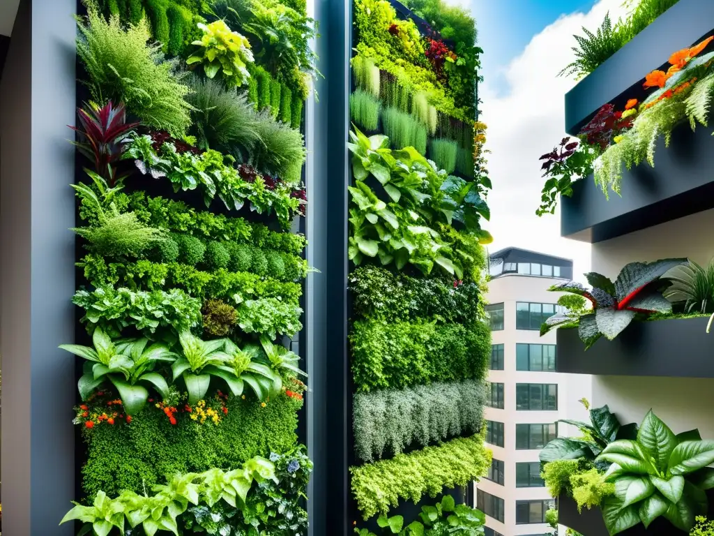 Un jardín vertical urbano rebosante de vida, con una arquitectura moderna de fondo