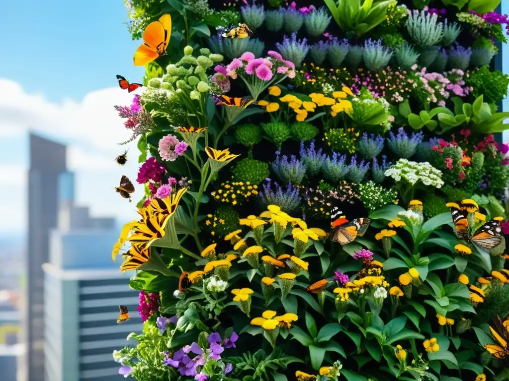 Un jardín vertical urbano rebosante de vida, atrayendo abejas y mariposas urbanas entre flores vibrantes y edificios modernos