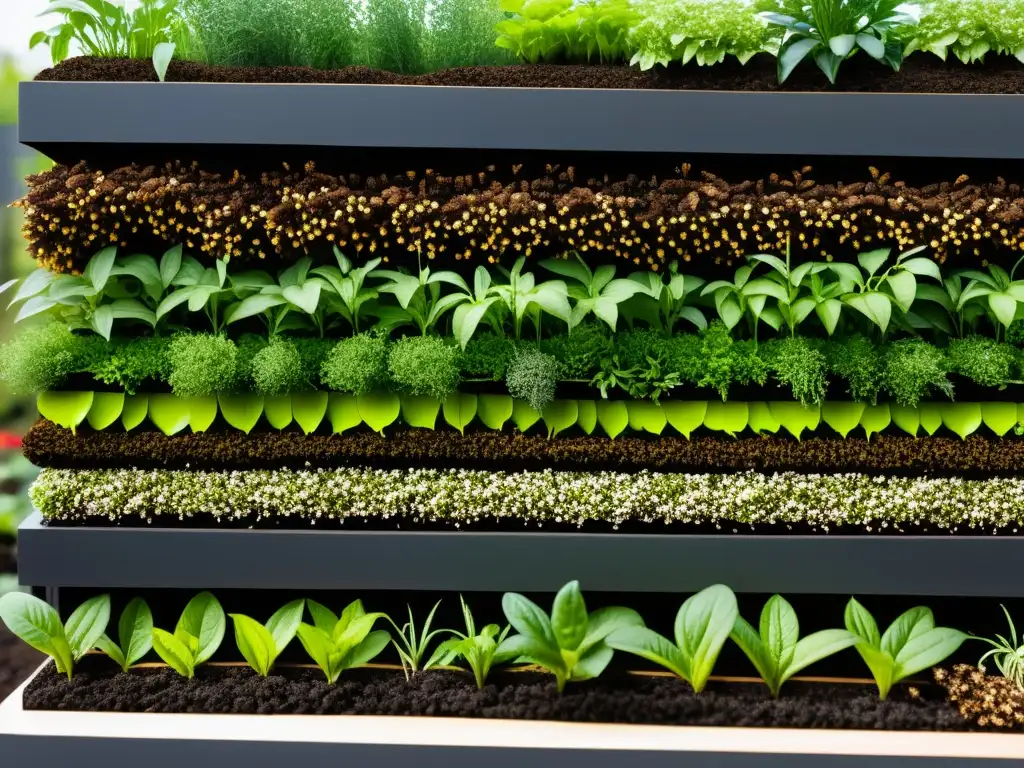 Un jardín vertical urbano muestra su rica diversidad de sustratos y vegetación, ideal para huertos verticales urbanos