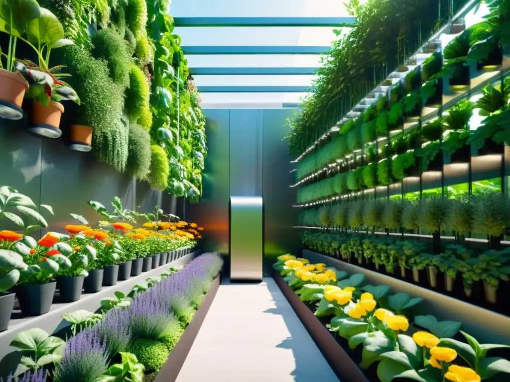 Un jardín vertical urbano con robótica en riego de huertos urbanos, fusionando naturaleza y tecnología para producción sostenible de alimentos