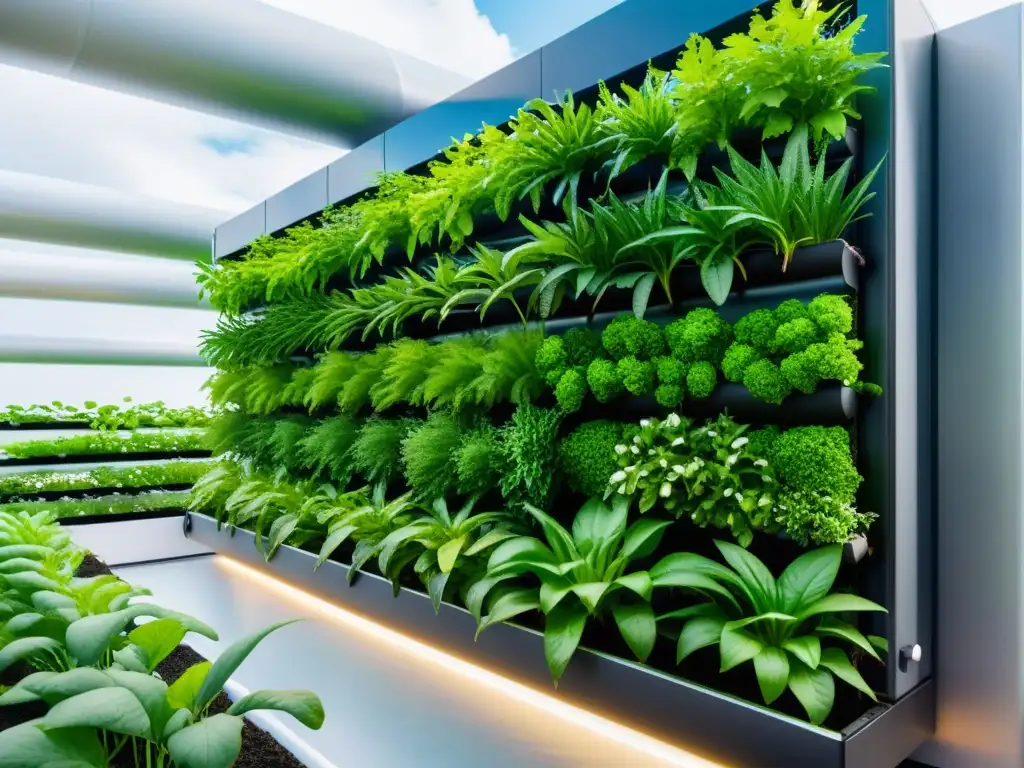 Un jardín vertical urbano con sistema de acuaponía y riego automatizado, integrando tecnología y naturaleza en la ciudad