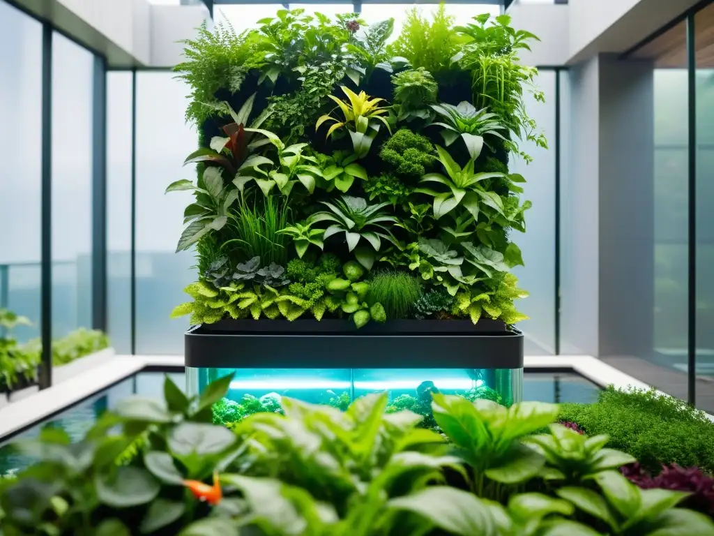 Un jardín vertical urbano con un sofisticado sistema de acuaponía integrado, mostrando la innovación de la acuaponía en huertos verticales urbanos