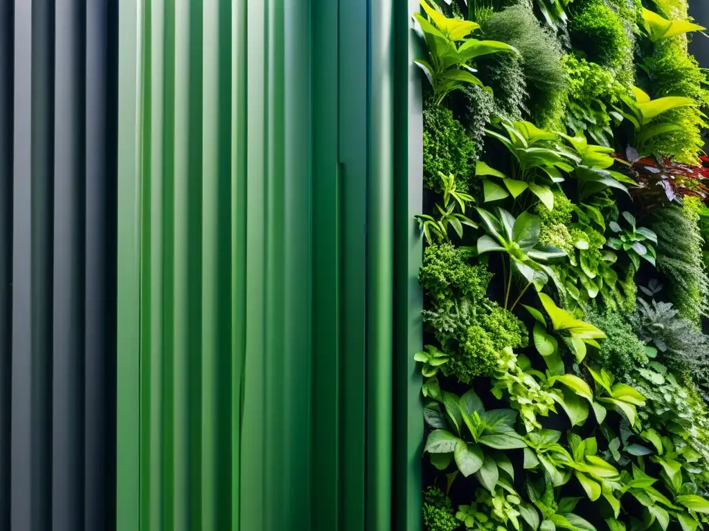 Un jardín vertical urbano con soluciones de sombra, plantas verdes en cascada creando sombras en el sol de la tarde