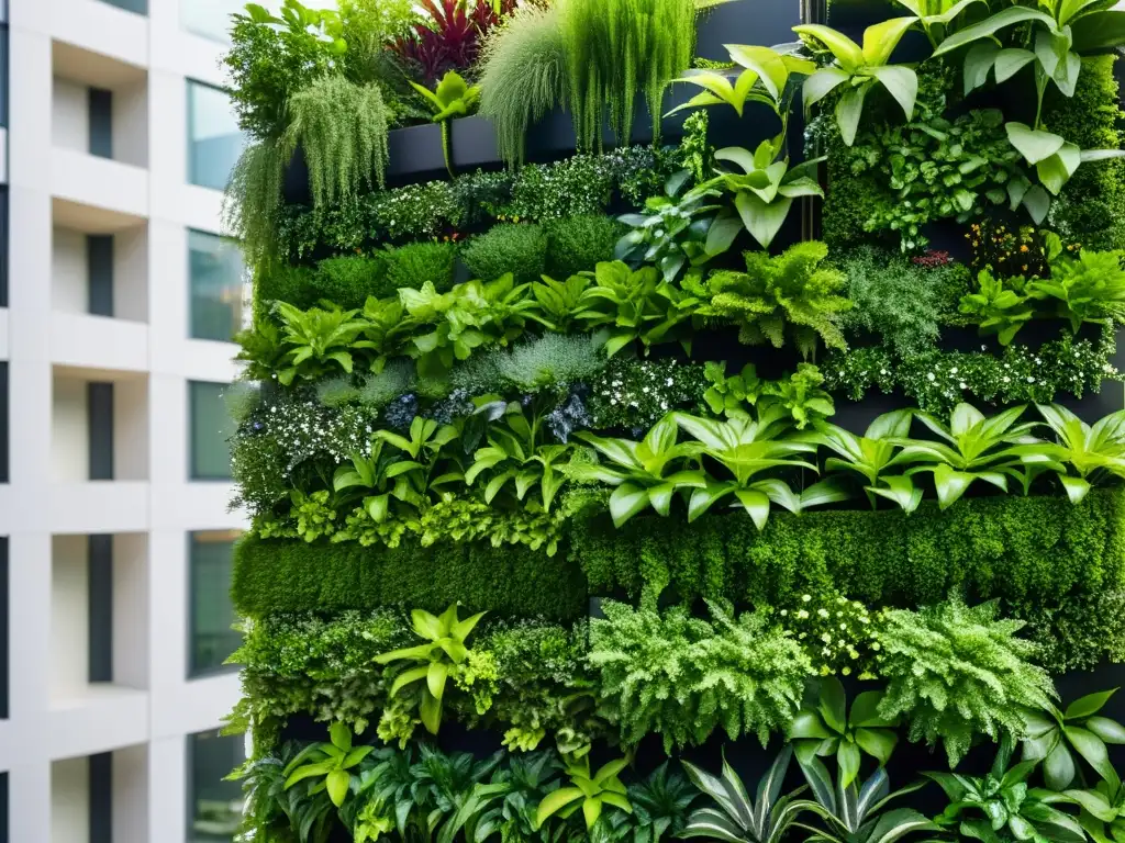 Un jardín vertical urbano sostenible con plantas exuberantes y diseño modular, integrado de forma elegante en el entorno urbano