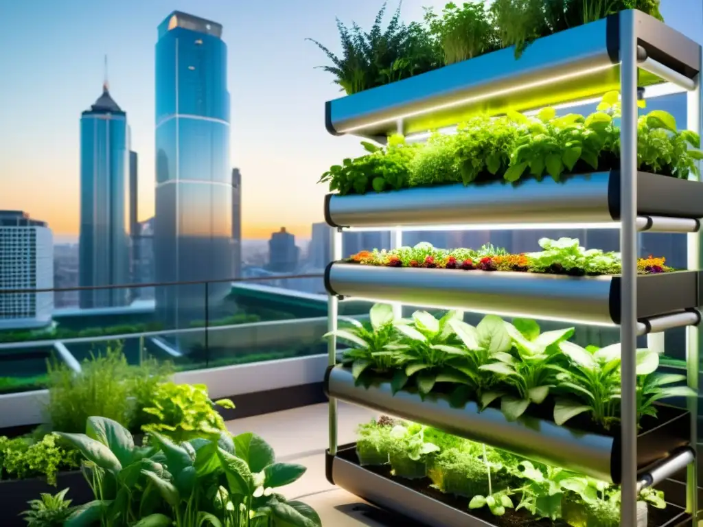 Un jardín vertical urbano con tecnología de riego automatizado, vegetación exuberante y la ciudad de fondo