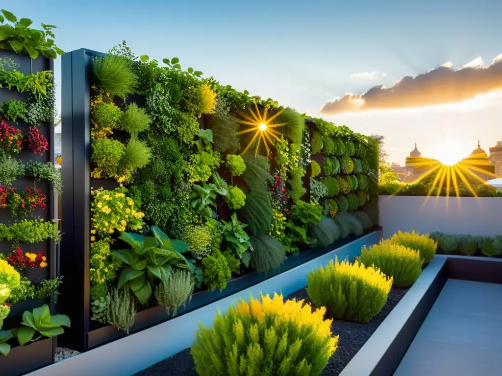 Un jardín vertical urbano con tecnología solar, fusionando naturaleza y tecnología en la agricultura sostenible