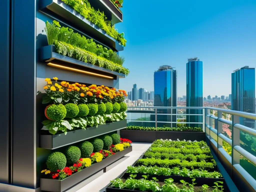 Jardín vertical urbano con tecnología de vanguardia y exuberante vegetación, reflejando la automatización en huertos verticales urbanos