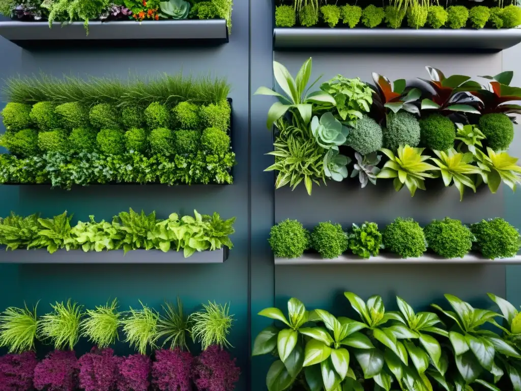 Un jardín vertical urbano con variedad de plantas vibrantes en macetas individuales, creando una hermosa exhibición