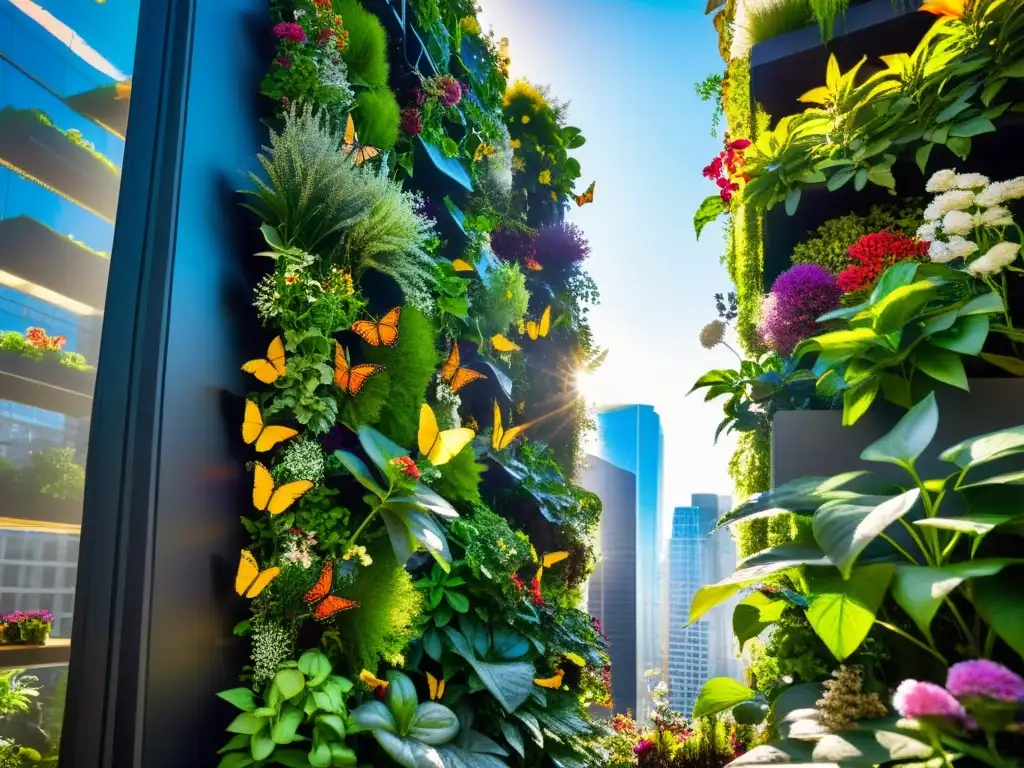 Un jardín vertical urbano vibrante y bullicioso, lleno de una diversa variedad de plantas en plena floración