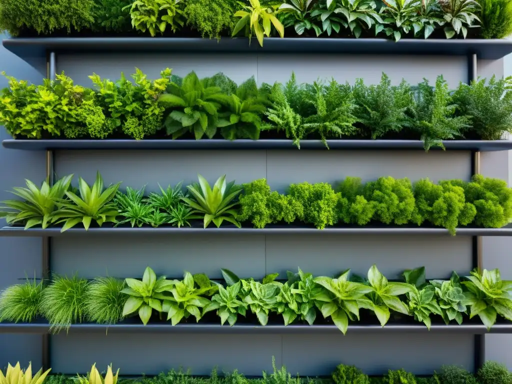 Un jardín vertical urbano vibrante y diverso, reflejando el cuidado y la planificación meticulosa