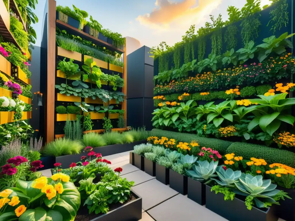 Un jardín vertical urbano vibrante muestra la integración de permacultura en huertos urbanos verticales, con plantas exuberantes y flores coloridas