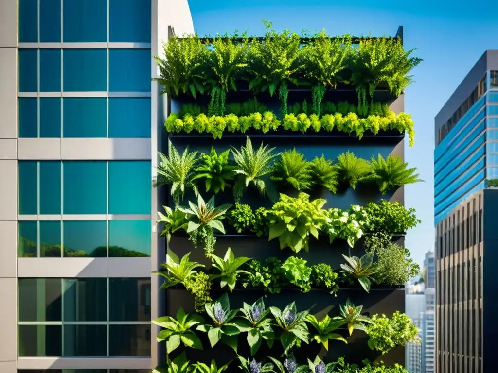 Un jardín vertical urbano vibrante, mostrando la integración armoniosa de la naturaleza en paisajes urbanos