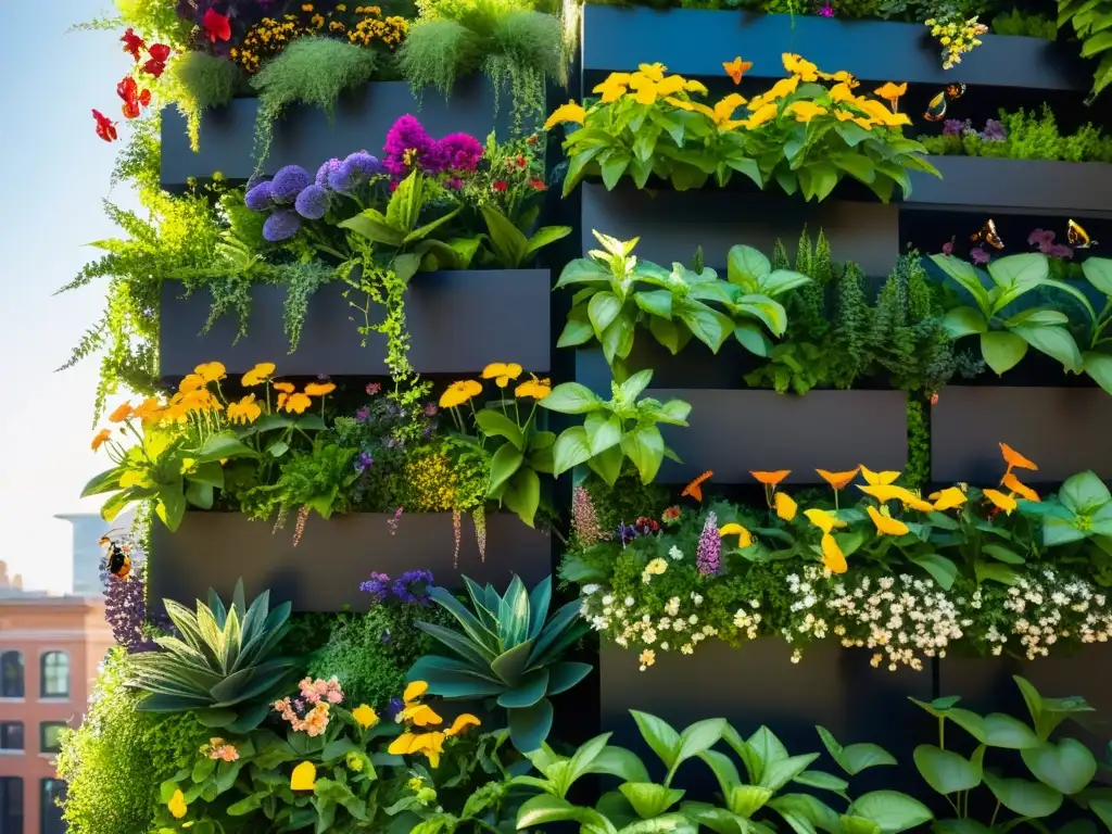 Un jardín vertical urbano vibrante, lleno de flores coloridas y abejas y mariposas urbanas, bañado por la luz del sol