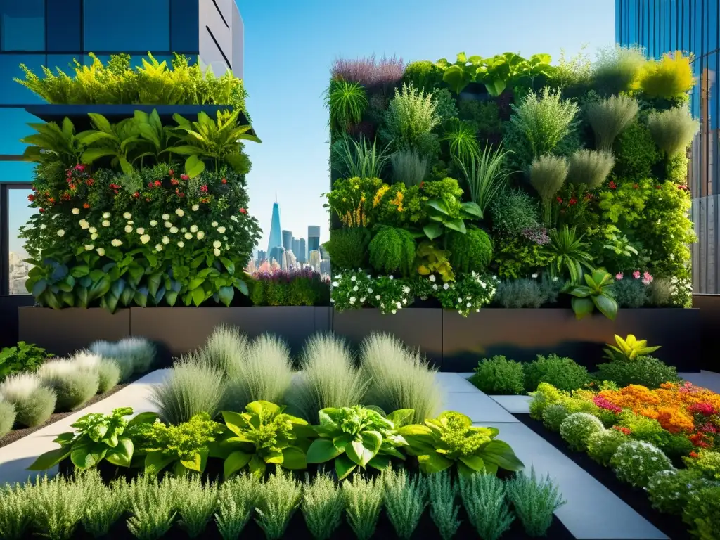 Un jardín vertical urbano vibrante y moderno con variedad de plantas exuberantes y coloridas, cultivar en espacios urbanos verticales