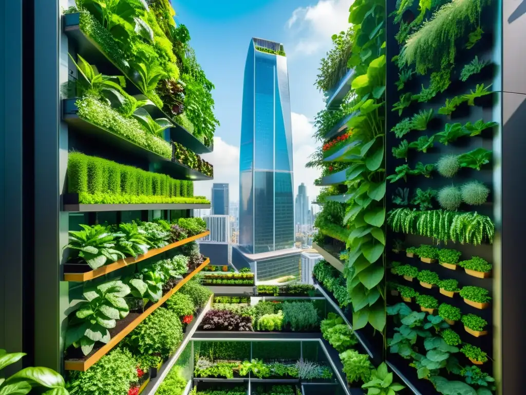 Un jardín vertical urbano vibrante y moderno con huertos verticales urbanos agricultura, en un rascacielos futurista