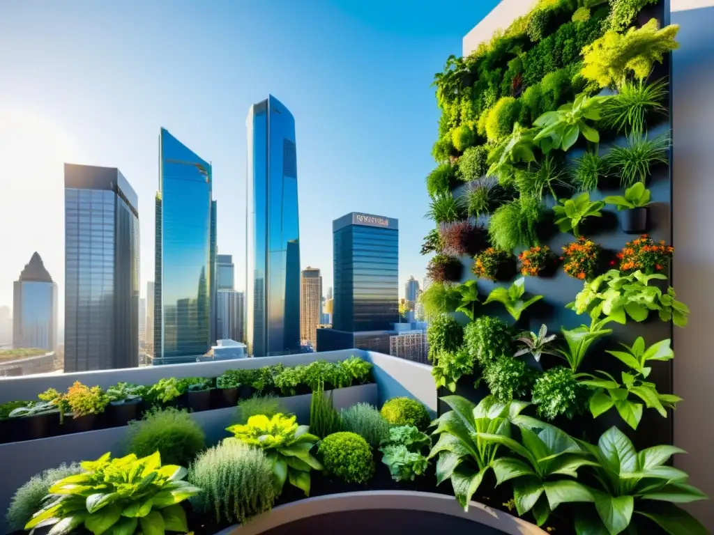 Un jardín vertical urbano vibrante y moderno con plantas exuberantes en diferentes etapas de crecimiento, en armonía con el entorno urbano