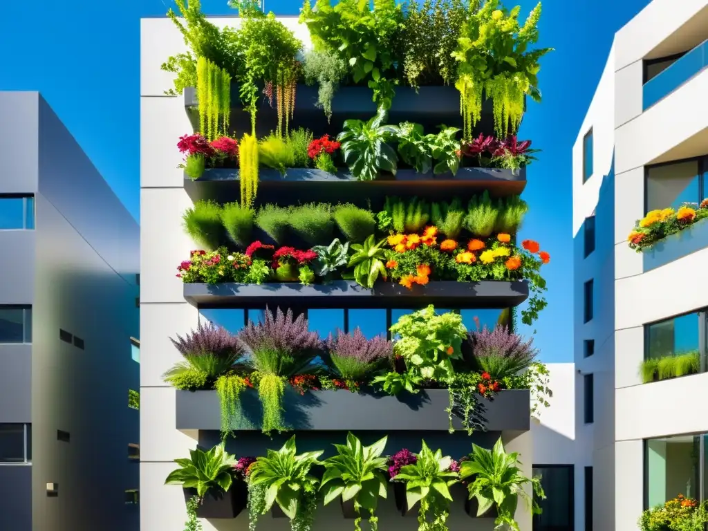 Un jardín vertical urbano vibrante y moderno con ideas creativas de huertos verticales urbanos, lleno de plantas exuberantes y flores coloridas, destacándose contra una fachada minimalista