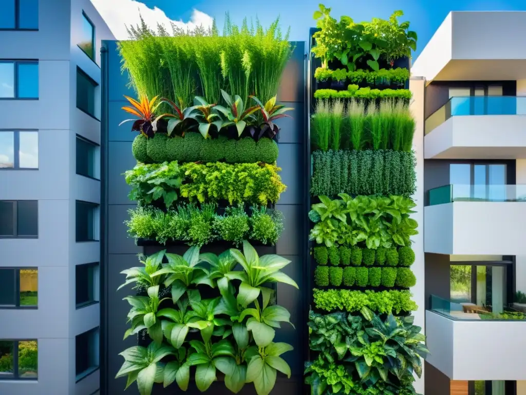 Un jardín vertical urbano vibrante y moderno con plantas exuberantes y hortalizas cultivadas en maceteros apilados, contra un fondo de edificio contemporáneo