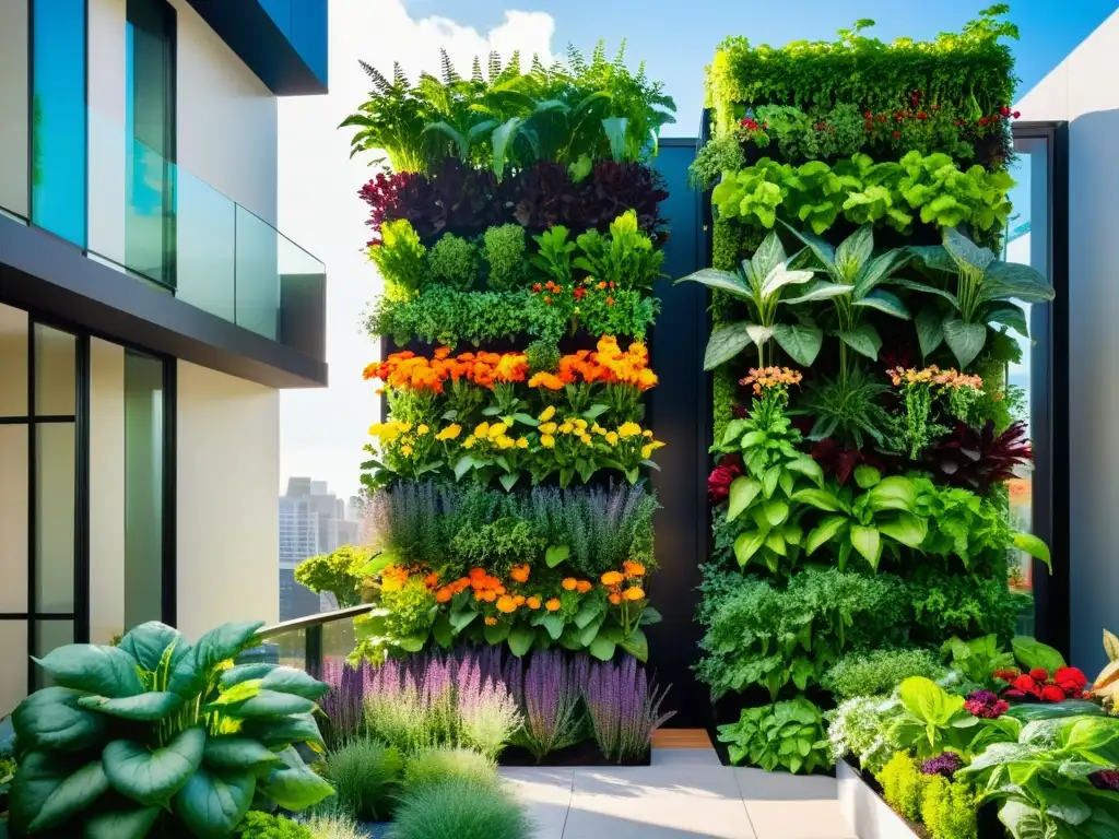 Un jardín vertical urbano vibrante y moderno con huertos verticales orgánicos urbanos, donde plantas prósperas crean un oasis sostenible y colorido