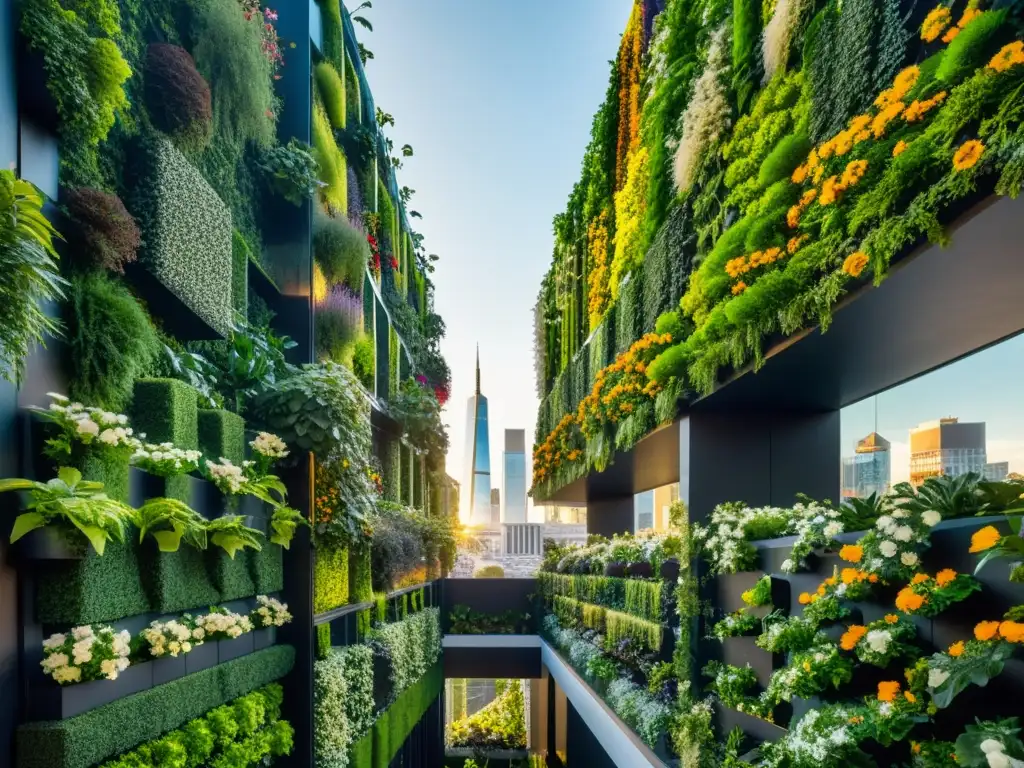 Un jardín vertical urbano vibrante con plantas y flores, resaltando la belleza del procesamiento de cultivos verticales urbanos