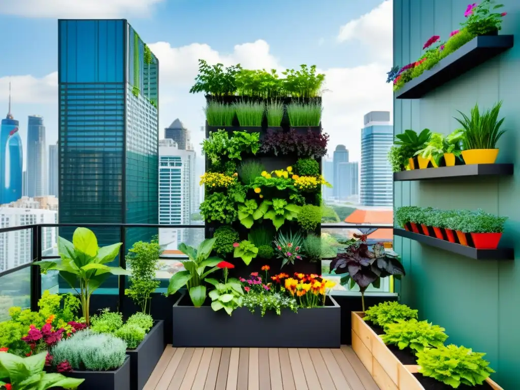 Un jardín vertical urbano vibrante con plantas exuberantes y flores coloridas, en contraste con el paisaje urbano