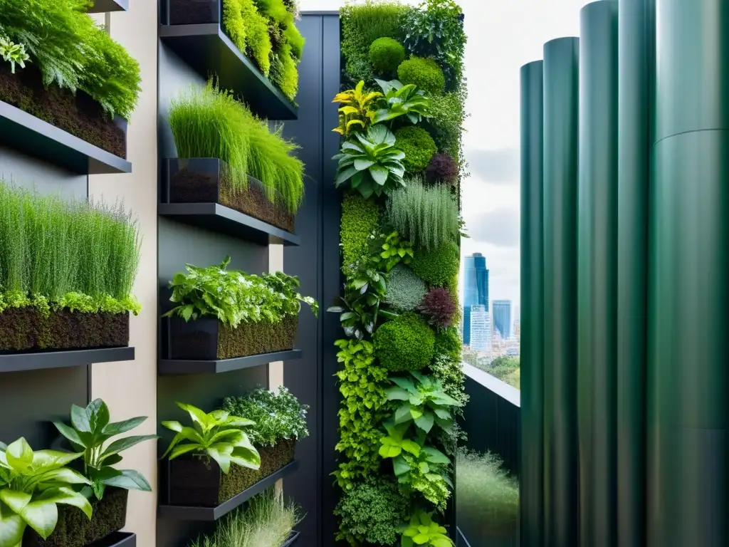 Un jardín vertical urbano vibrante con plantas exuberantes en un entorno minimalista, integrando naturaleza y vida urbana