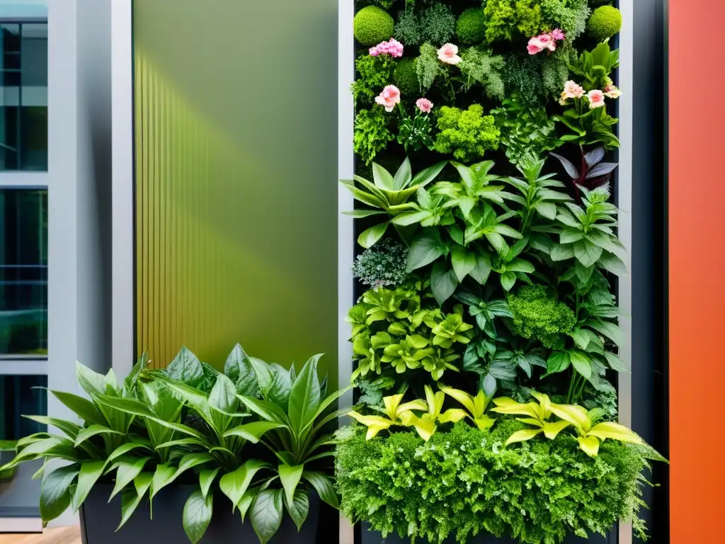 Un jardín vertical urbano vibrante con plantas exuberantes en un entorno moderno